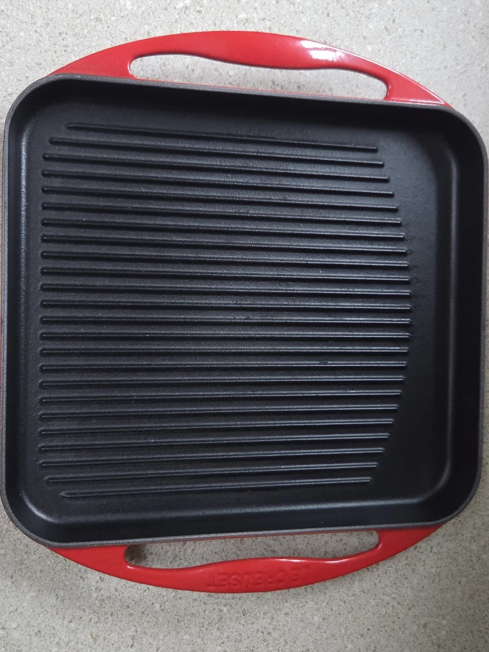 Le Creuset Red Square Cast Iron Grill Pan with Ridged Surface